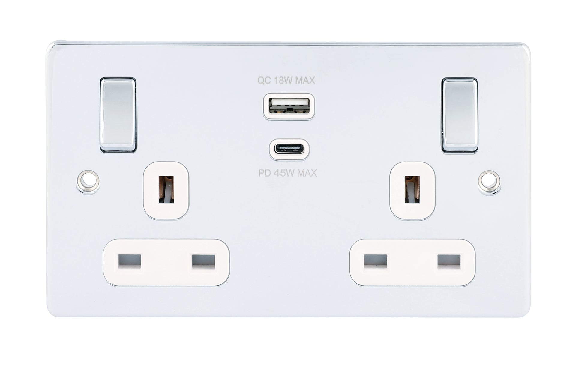Niglon D-S132USB45-PCW 2 Gang 13A 45W Type A+C Switched USB Socket Polished Chrome White Insert