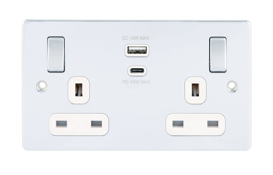 Niglon D-S132USB45-PCW 2 Gang 13A 45W Type A+C Switched USB Socket Polished Chrome White Insert