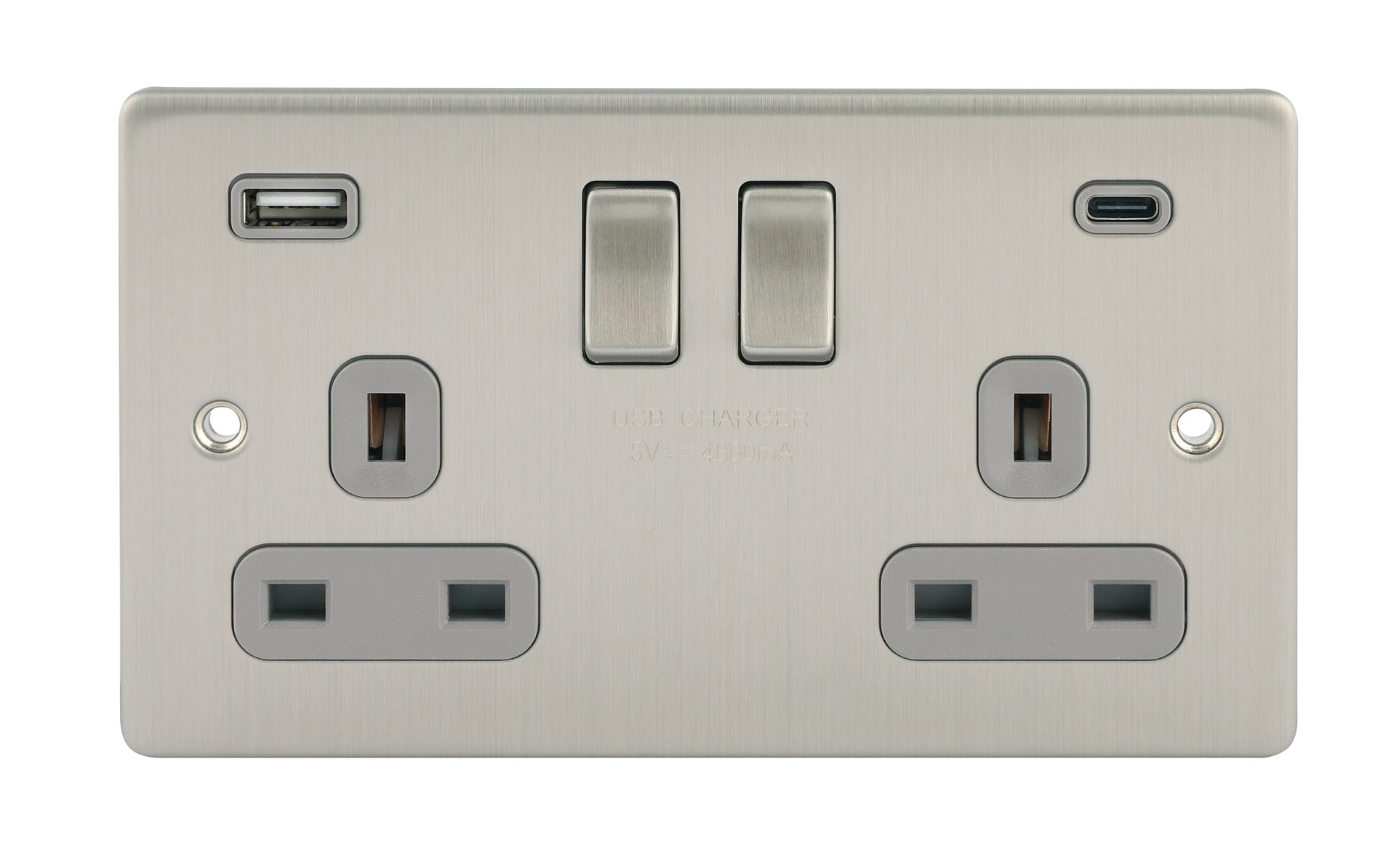 Niglon D-S132USB4C-BCG 2 Gang 13A 4.8A Type A+C Switched USB Socket Brushed Chrome Grey Insert