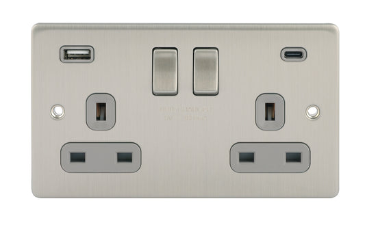 Niglon D-S132USB4C-BCG 2 Gang 13A 4.8A Type A+C Switched USB Socket Brushed Chrome Grey Insert