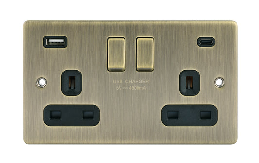 Niglon D-S132USB4C-ABB 2 Gang 13A 4.8A Type A+C Switched USB Socket Antique Brass