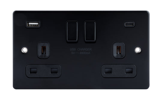 Niglon D-S132USB4C-MBB 2 Gang 13A 4.8A Type A+C Switched USB Socket Matt Black