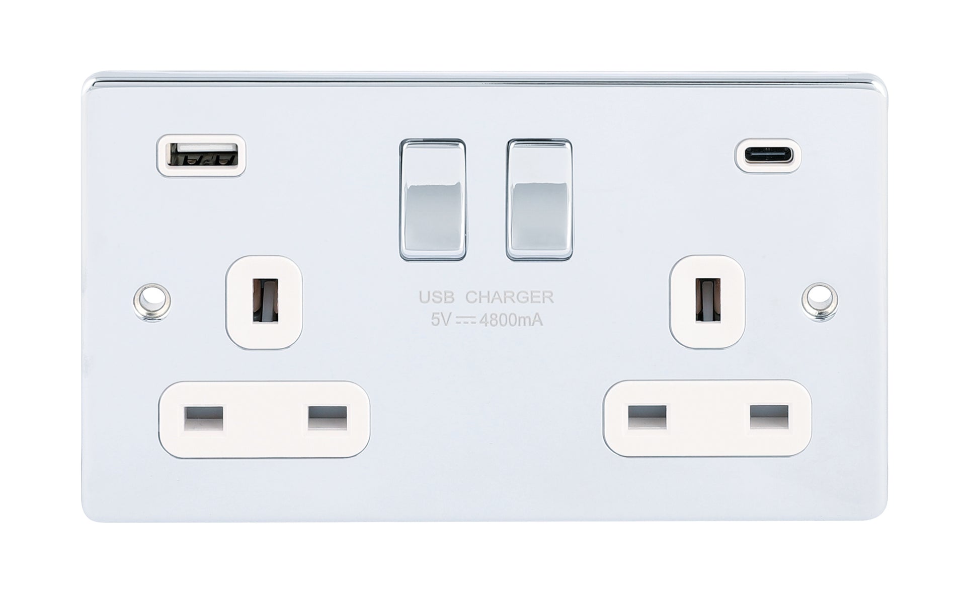 Niglon D-S132USB4C-PCW 2 Gang 13A 4.8A Type A+C Switched USB Socket Polished Chrome White Insert