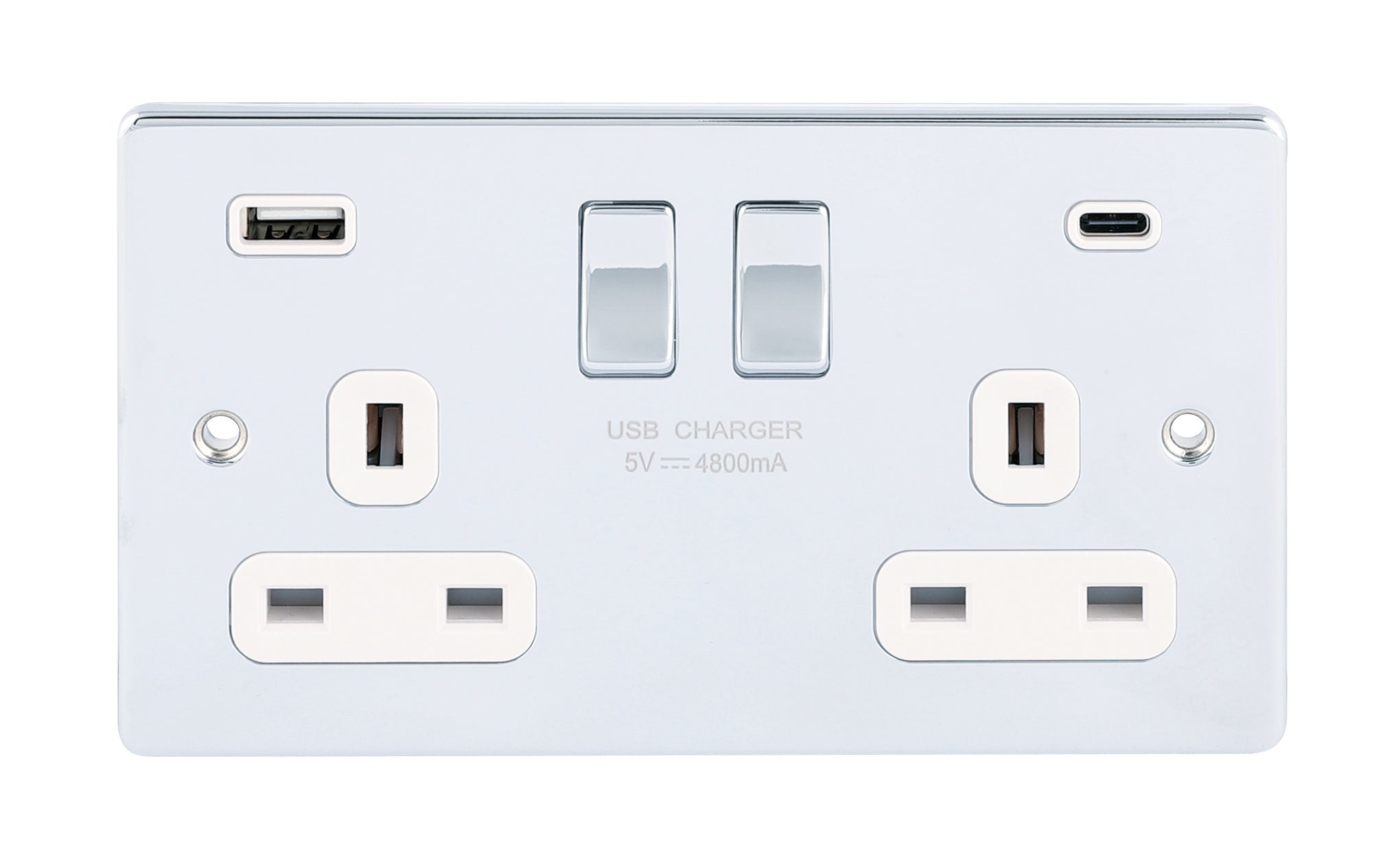Niglon D-S132USB4C-PCW 2 Gang 13A 4.8A Type A+C Switched USB Socket Polished Chrome White Insert