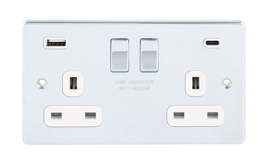 Niglon D-S132USB4C-PCW 2 Gang 13A 4.8A Type A+C Switched USB Socket Polished Chrome White Insert