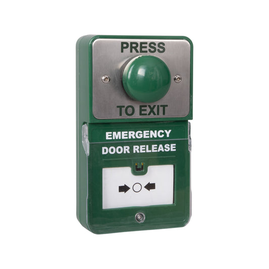 RGL DU-GB/PTE Green Dome 'Press To Exit' + Emergency Door Release Dual Unit Stainless Steel