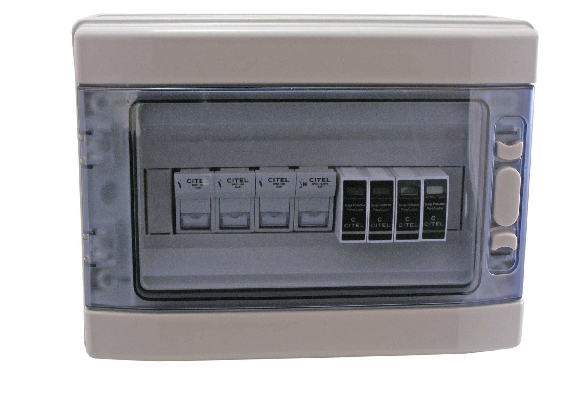 Switchtec E3PSPD50-SFD1 Citel 50KA 3P+N 230/400V ABS Enclosed Type 1 SPD with Fuse Holders and Fuses Grey IP65