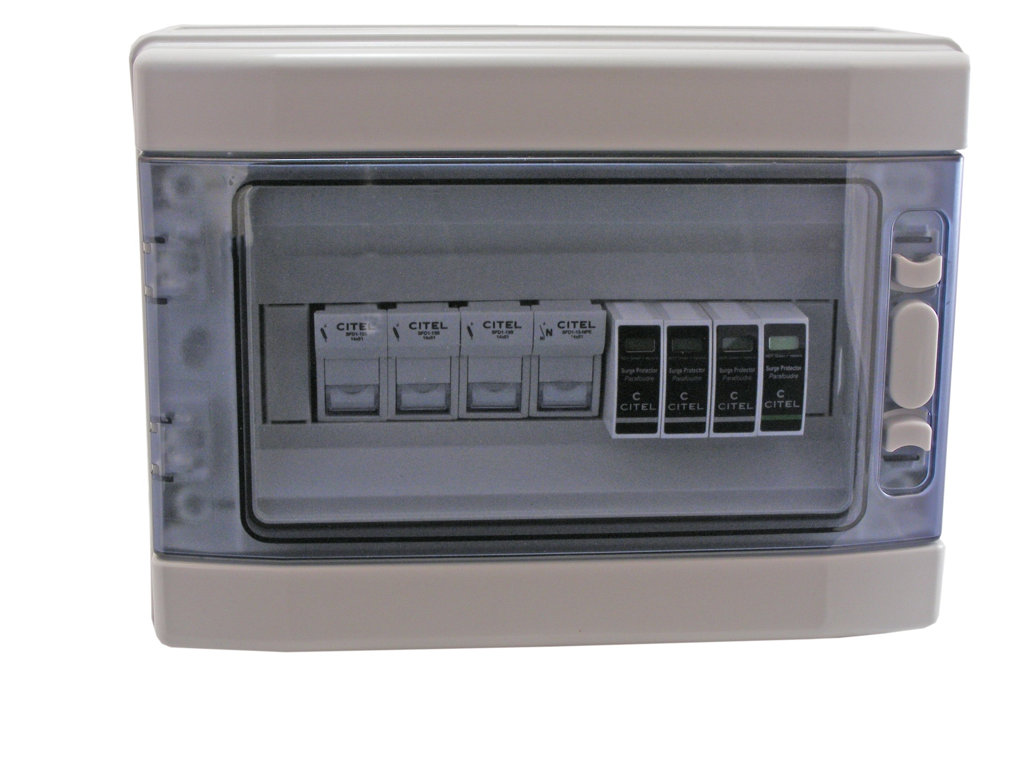 Switchtec E3PSPD50-SFD1 Citel 50KA 3P+N 230/400V ABS Enclosed Type 1 SPD with Fuse Holders and Fuses Grey IP65