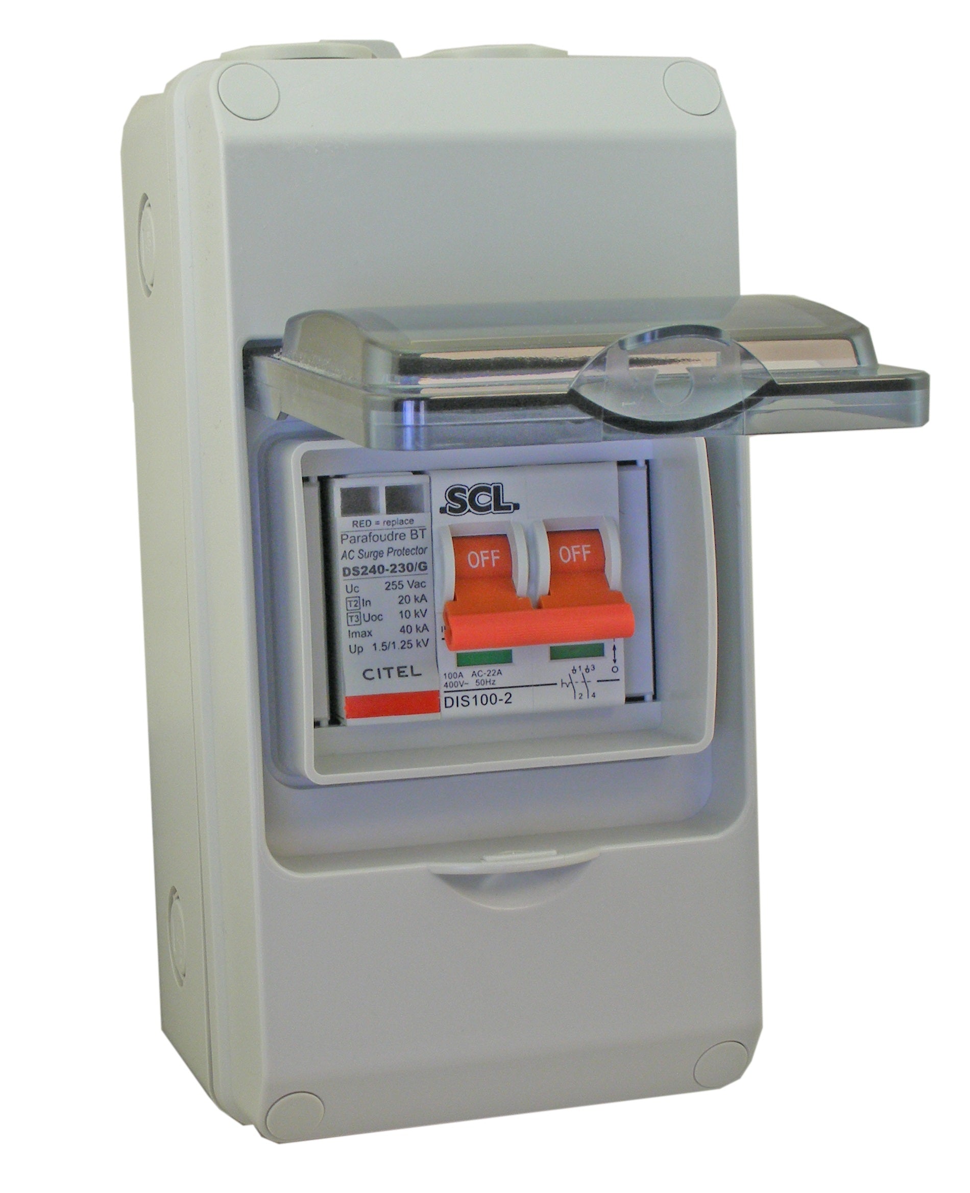 Switchtec EPSPD-1002P Citel 1P+N ABS Enclosed Type 2 Surge Protection Device with 100A DP Mains Switch  IP65