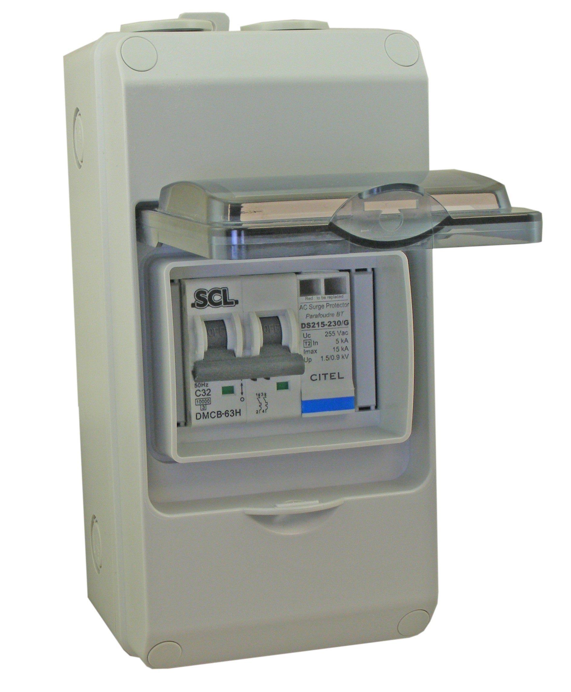 Switchtec EPSPD15-32MCB-RCBO Citel 15KA 1P+N 230/400V ABS Enclosed Type 2 SPD with 32A SP Type MCB + 32A Type C RCBO Grey IP65