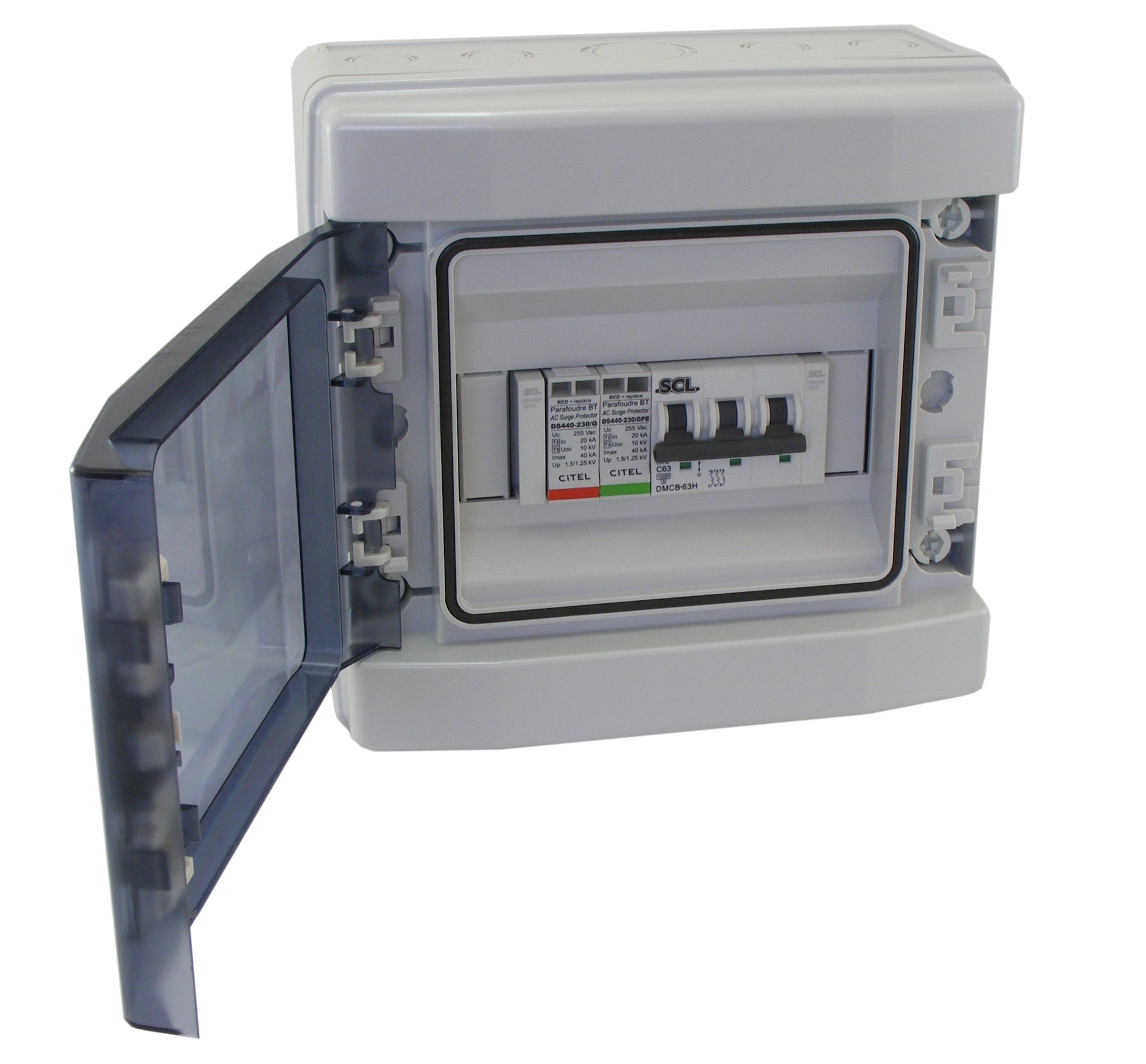 Switchtec EPSPD40-63MCB-RCBO Citel 40KA 1P+N 230/400V ABS Enclosed Type 2 SPD with 63A SP Type MCB + 63A Type C RCBO Grey IP65