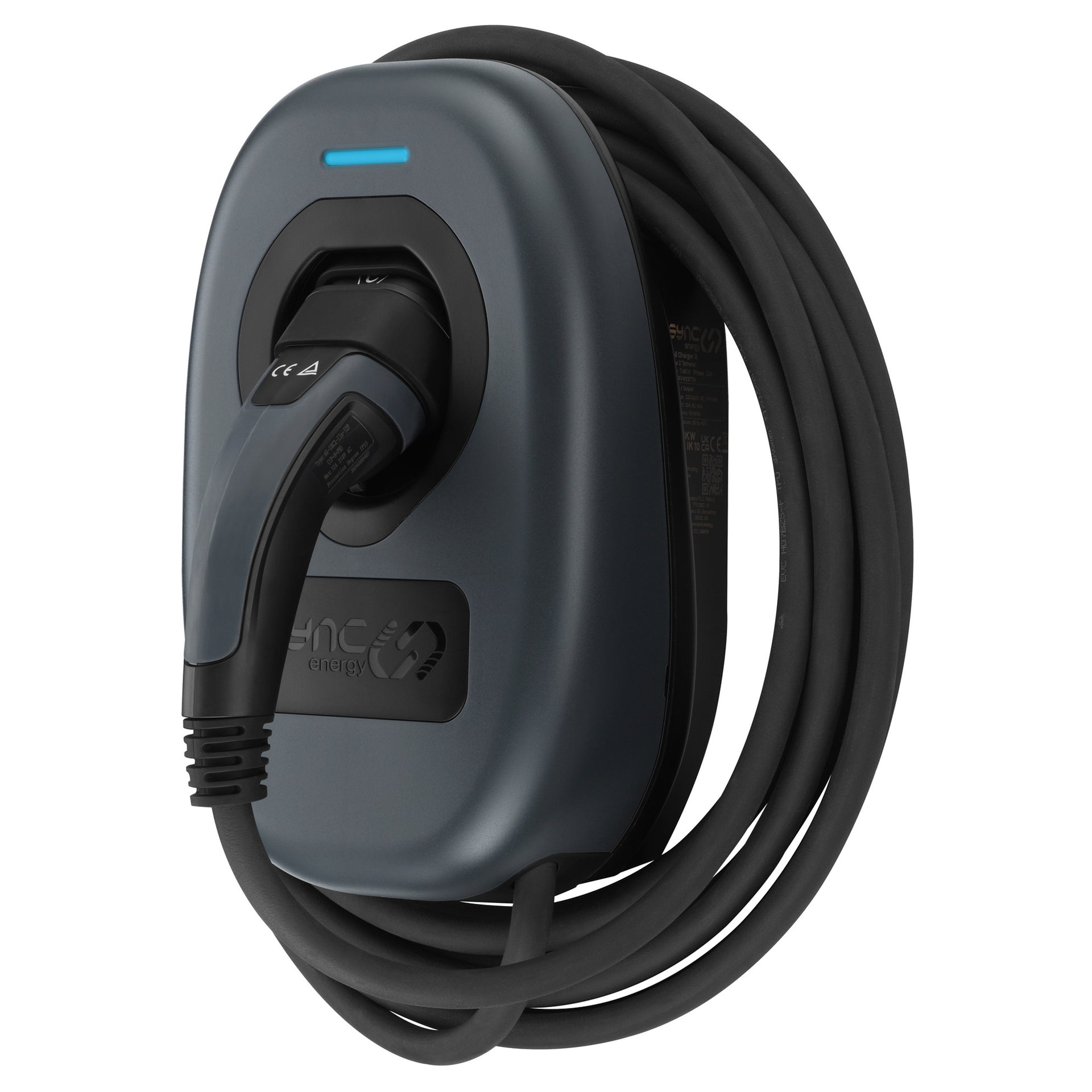 Sync Energy EVWC2T7GG-02 7.4KW Single Phase Mode 2 Tethered EV Charger with Wi-Fi + Ethernet + 4G and 7.5m Cable Grey
