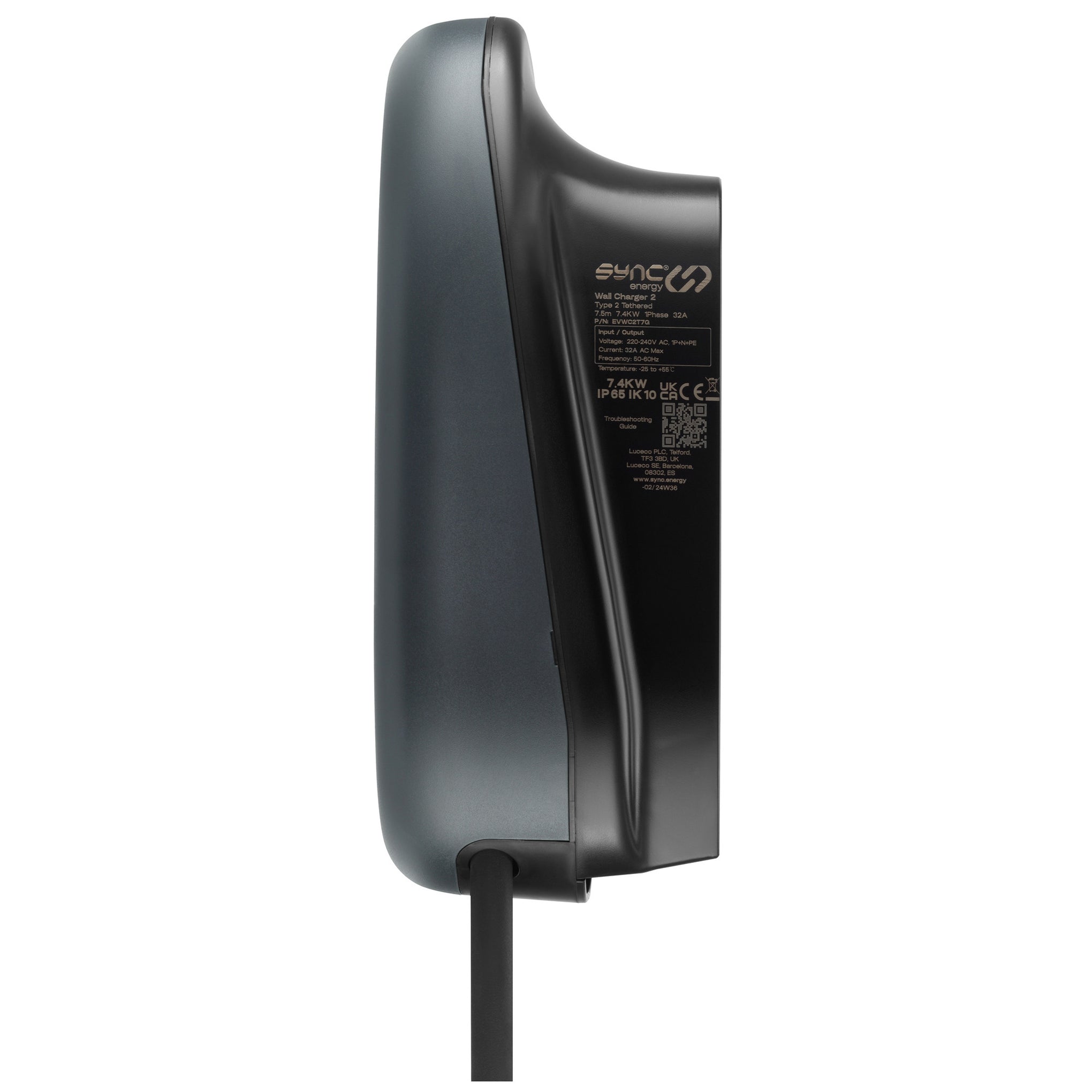 Sync Energy EVWC2T7GG-02 7.4KW Single Phase Mode 2 Tethered EV Charger with Wi-Fi + Ethernet + 4G and 7.5m Cable Grey