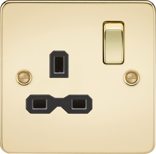 Knightsbridge FPR7000PB 1 Gang 13A DP Switched Socket Polished Brass Black Insert