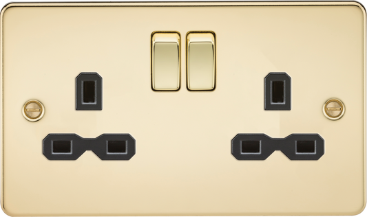 Knightsbridge FPR9000PB 2 Gang 13A DP Switched Socket Polished Brass Black Insert