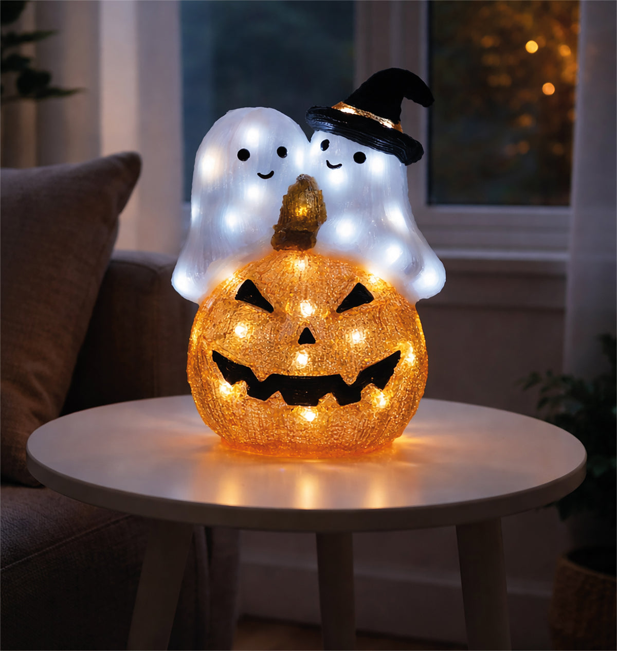 FXLAB FX1014 35cm 50 LED White LED Pumpkin and Ghost Outdoor Halloween Decoration with Timer