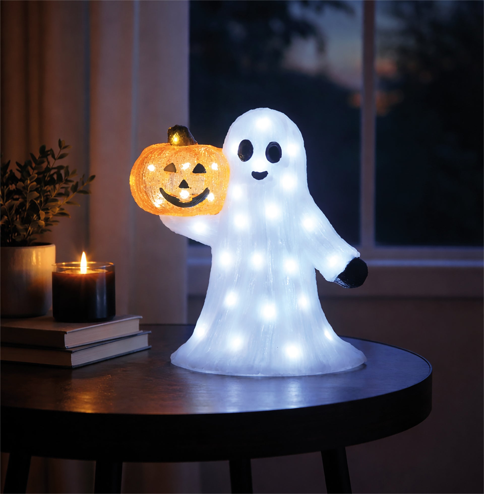 FXLAB FX1018 30cm 50 LED White LED Pumpkin and Ghost Outdoor Halloween Decoration with Timer