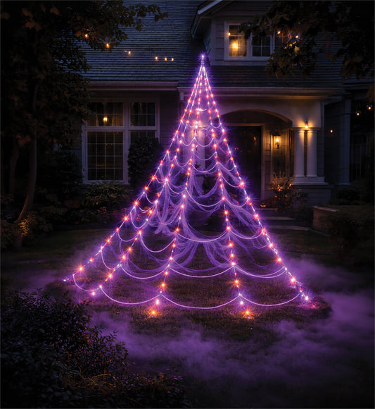 FXLAB FX1054 5m x 5m 250 Orange and Purple LED Spider Web Lights with Timer IP44