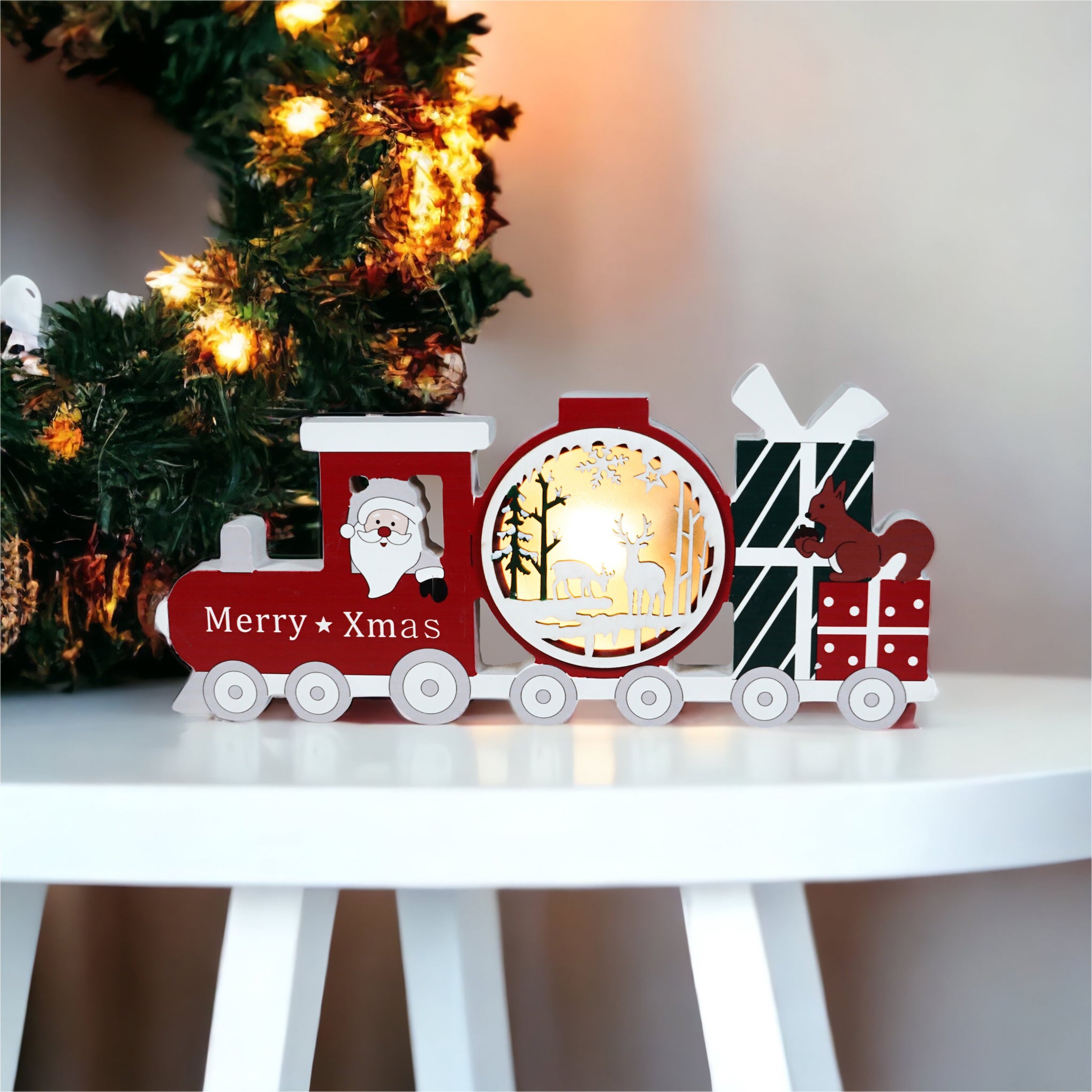 Xmas Haus GH9037 29cm LED Wooden Father Christmas Train (Battery Operated)