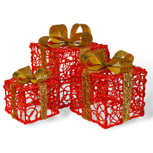Xmas Haus GH9068 60 LED Set of 3 LED Light Up Red and Gold Christmas Boxes (Battery Operated with Timer)