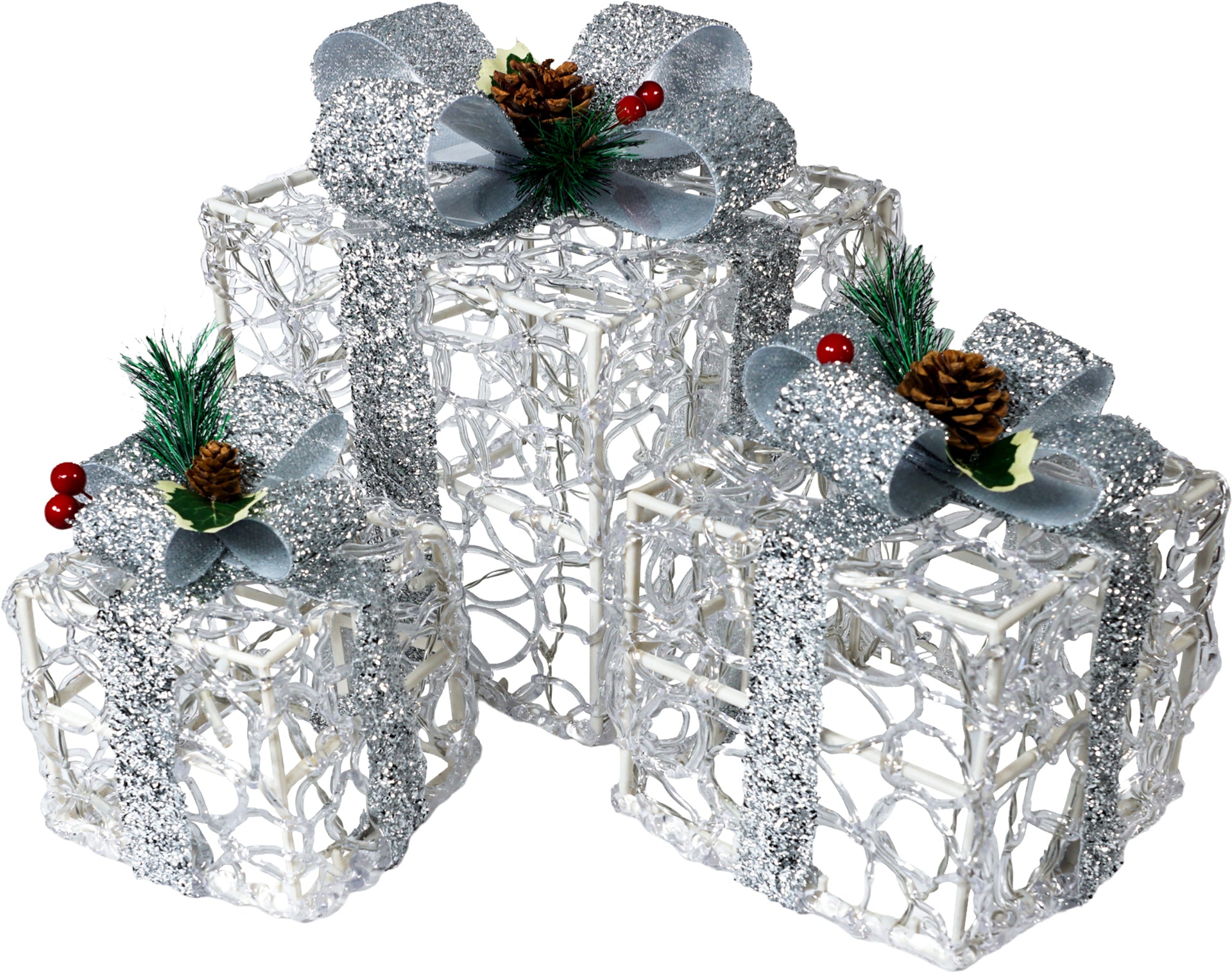 Xmas Haus GH9069 60 LED Set of 3 LED Light Up Silver Christmas Boxes (Battery Operated with Timer)
