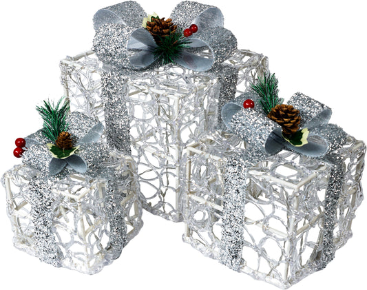 Xmas Haus GH9069 60 LED Set of 3 LED Light Up Silver Christmas Boxes (Battery Operated with Timer)