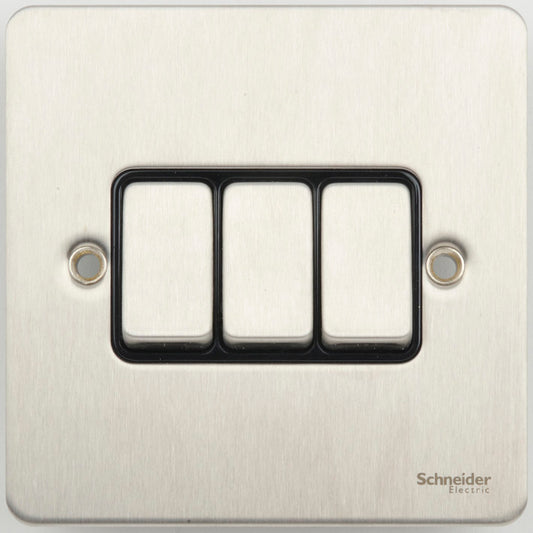 Schneider GU1232BSS 3 Gang 2 Way Switch Stainless Steel Black Insert