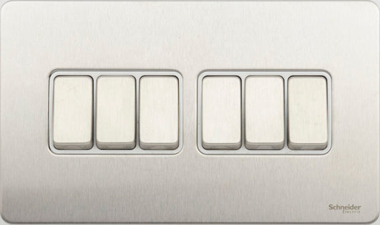 Schneider GU1462WSS 6 Gang 2 Way Switch Stainless Steel White Insert