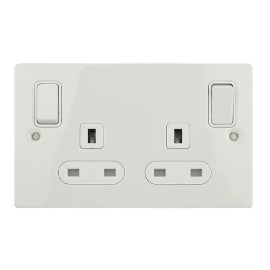 Schneider GU3231WPW 2 Gang 13A Switched Socket with Outboard Rockers White Metal