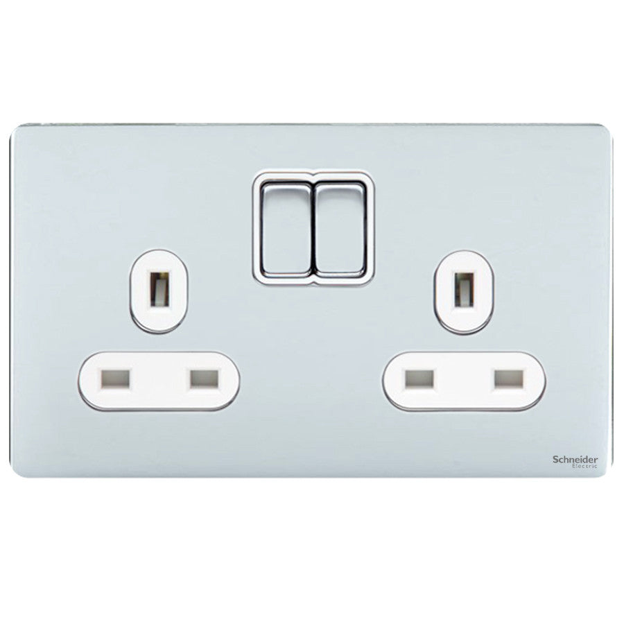 Schneider GU3420WPC 2 Gang 13A Switched Socket Polished Chrome White Insert