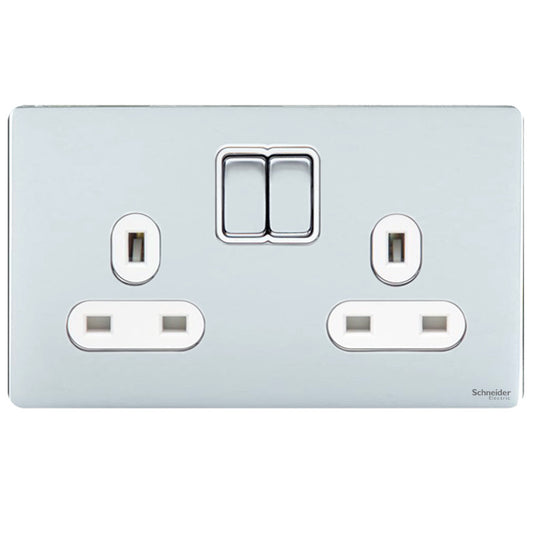 Schneider GU3420WPC 2 Gang 13A Switched Socket Polished Chrome White Insert