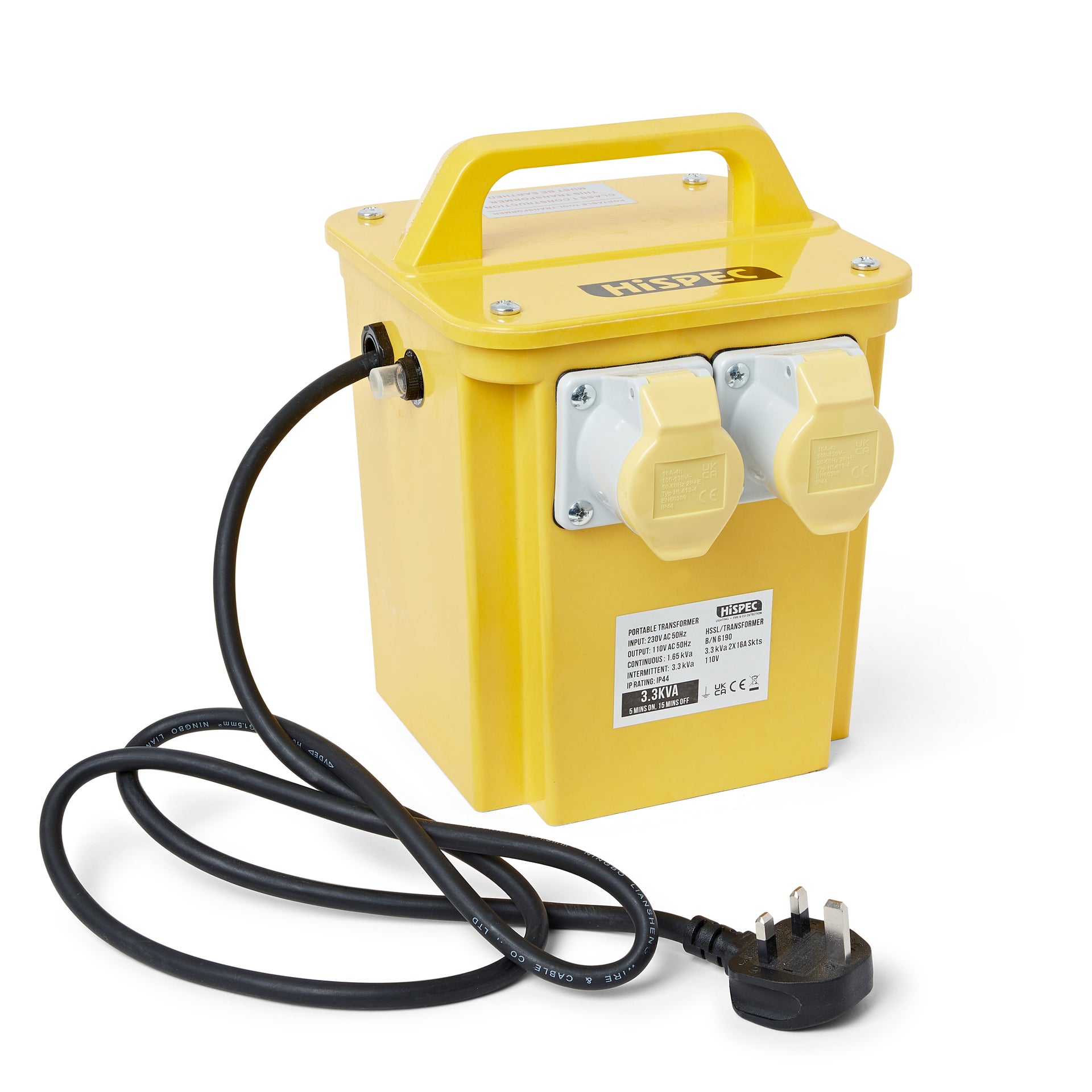 Hispec HSSL/TRANSFORMER 3.3KVA Portable Site Light Transformer with 2 x 16A 3P Socket Outlets 110V  Yellow