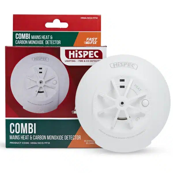 Hispec HSSA/HCO/FF10 Mains Fast Fix Heat & Carbon Monoxide Alarm with 10 Yr Rechargable Battery Back Up White