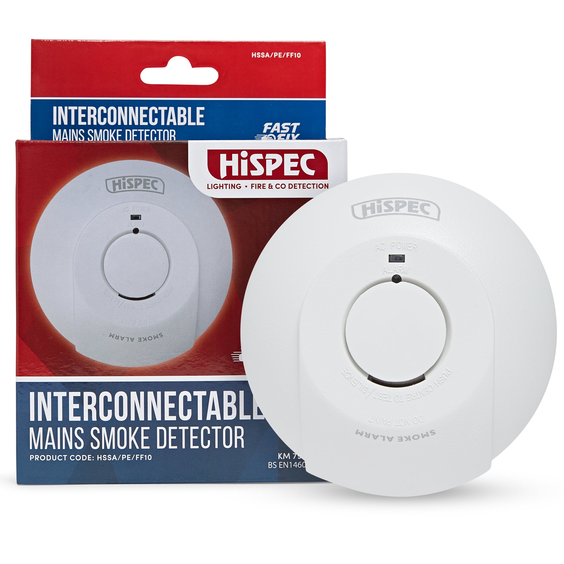 Hispec HSSA/PE/FF10 Mains Fast Fix Smoke Alarm with 10 Yr Rechargable Battery Back Up White