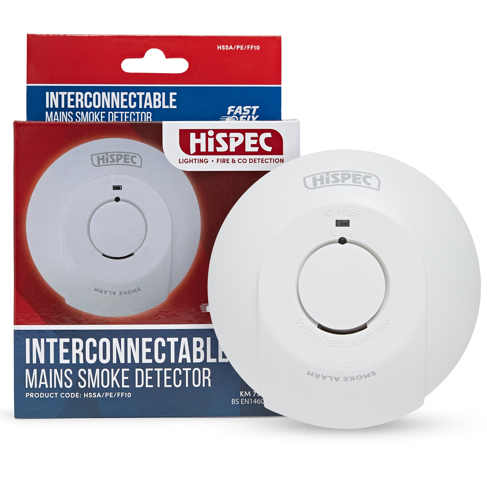 Hispec HSSA/PE/FF10 Mains Fast Fix Smoke Alarm with 10 Yr Rechargable Battery Back Up White