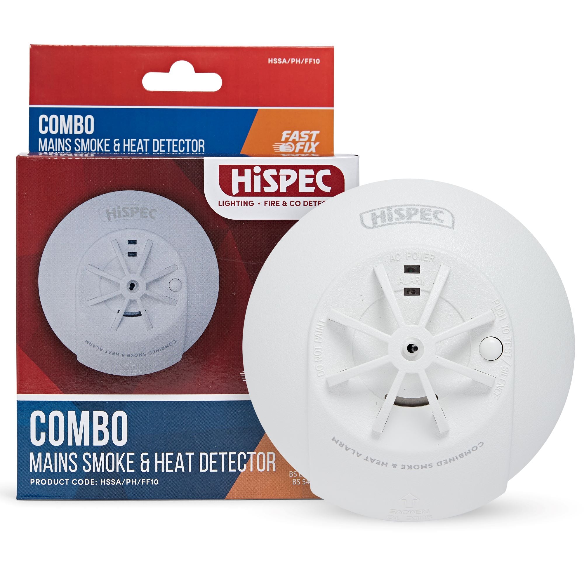 Hispec HSSA/PH/FF10 Mains Fast Fix Smoke & Heat Alarm with 10 Yr Rechargable Battery Back Up White