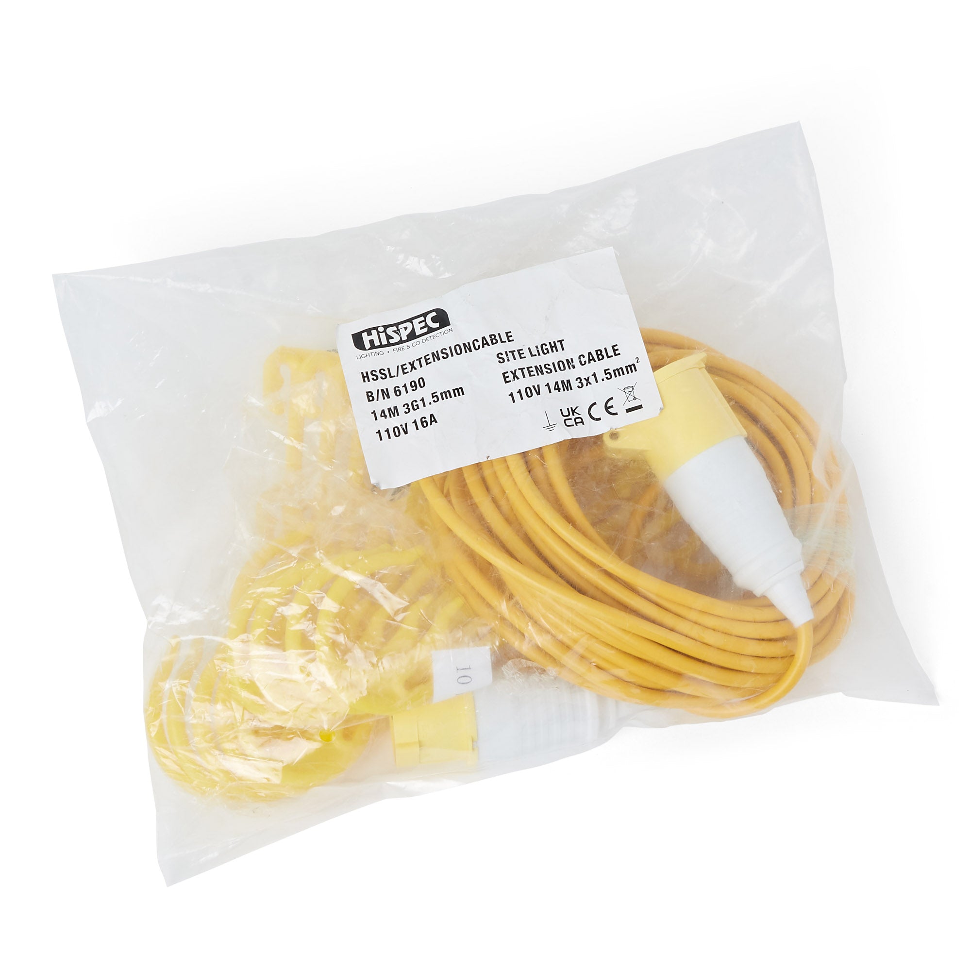 Hispec HSSL/EXTENSIONCABLE 16A 3P Male & Female Extension Lead with Clips 110V 14m Yellow