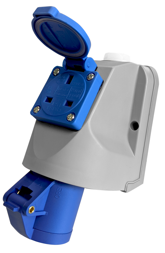 Deligo IP2WS 16A 3P 240V Wall Socket with 13A 3 Pin Socket Blue