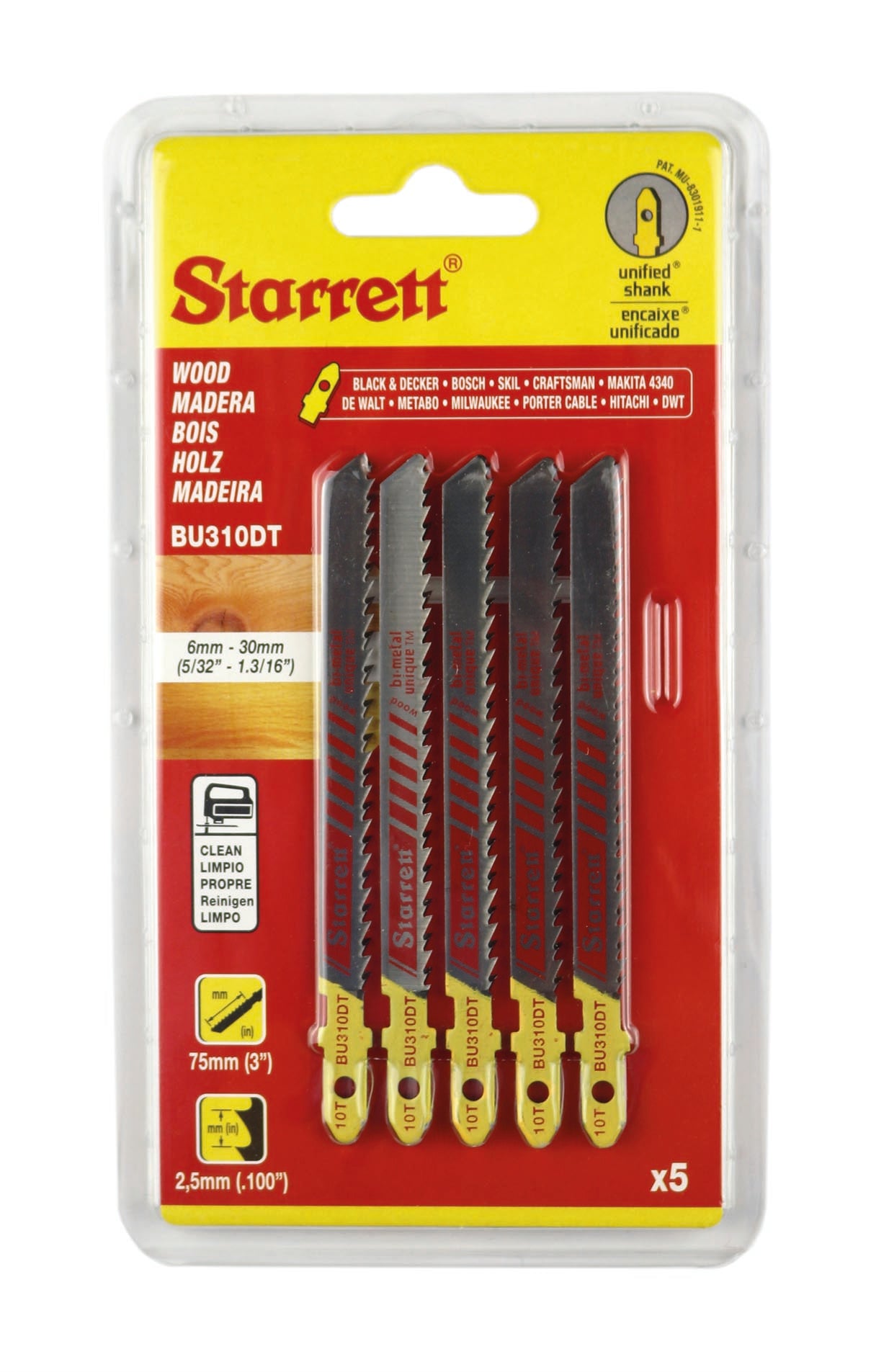 Starrett BU310DT-5 10TPI Bi-Metal Unique Wood Cutting Jigsaw Blades Pack of 5