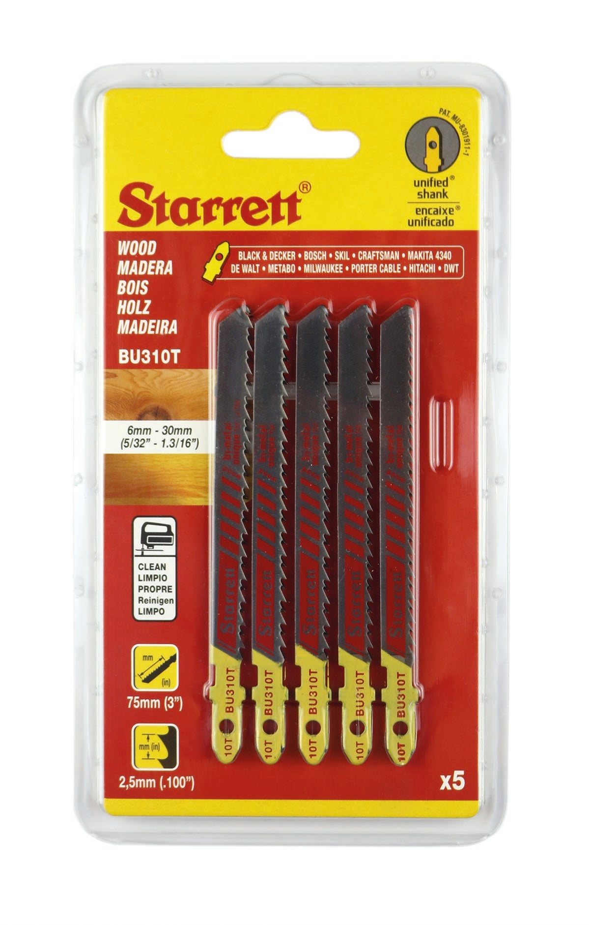 Starrett BU310T-5 10TPI Bi-Metal Unique Wood Cutting Jigsaw Blades Pack of 5
