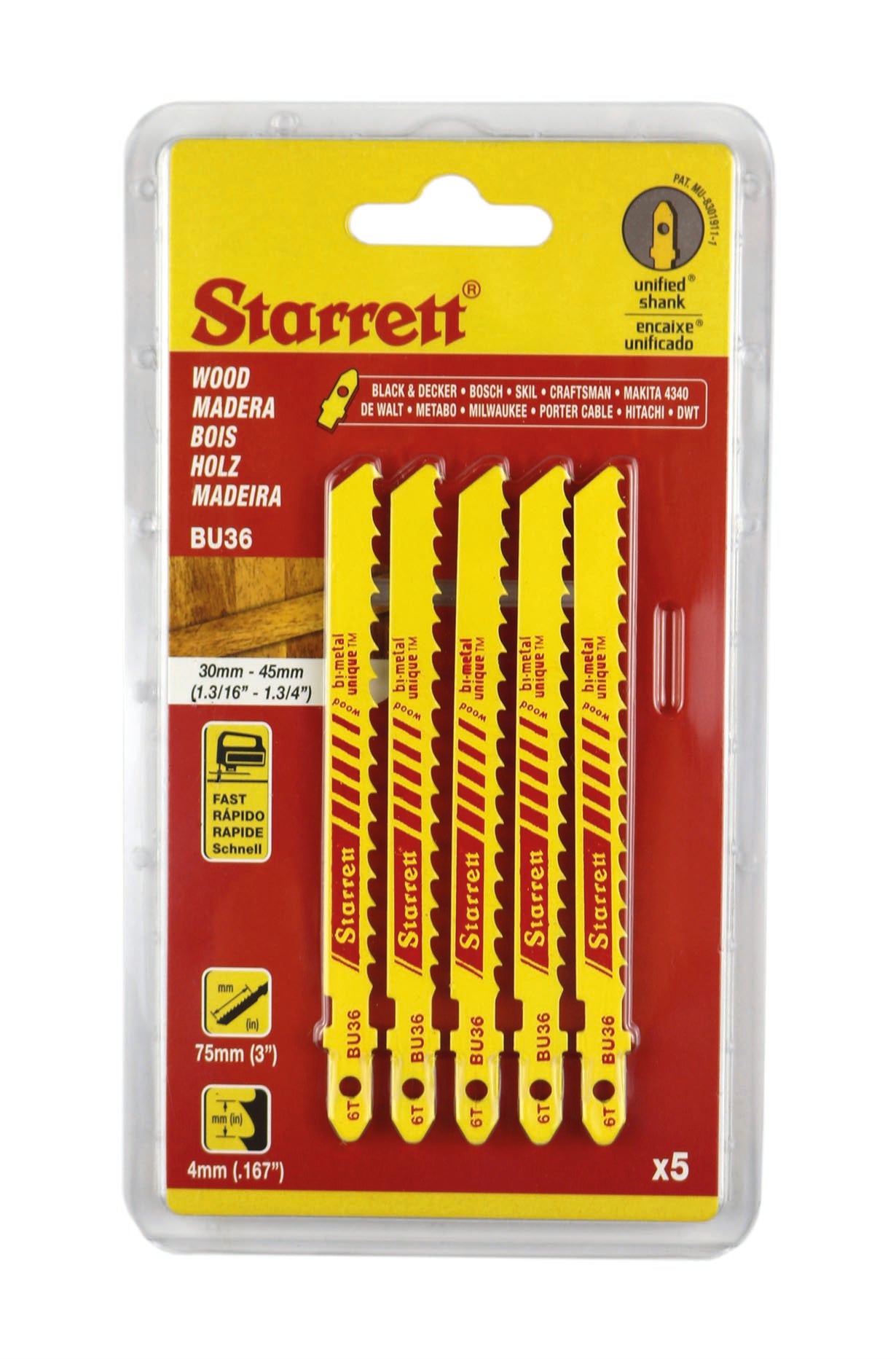 Starrett BU36-5 6TPI Bi-Metal Unique Wood Cutting Jigsaw Blades Pack of 5