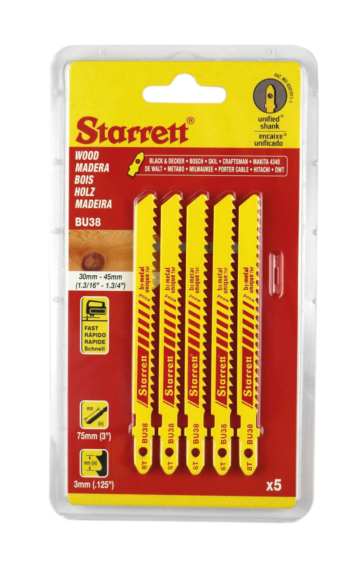 Starrett BU38-5 8TPI Bi-Metal Unique Wood Cutting Jigsaw Blades Pack of 5