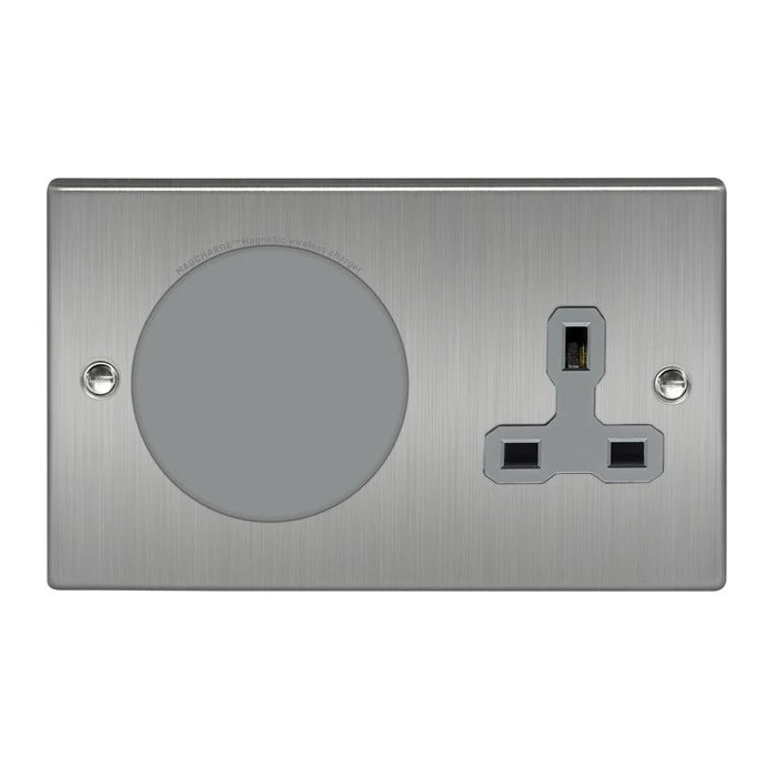 MagCharge MAGC2SSC Qi2 2 Gang Magnetic Phone Charger Outlet with Unswitched Socket Satin Chrome Grey Insert Grey Insert