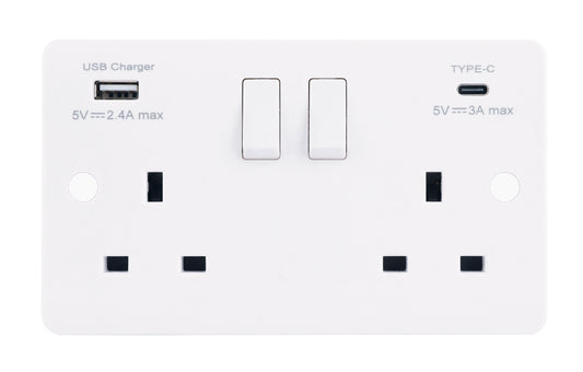 Niglon NS132USB-4C 2 Gang 13A 45W Type A + C Switched USB Socket White Moulded