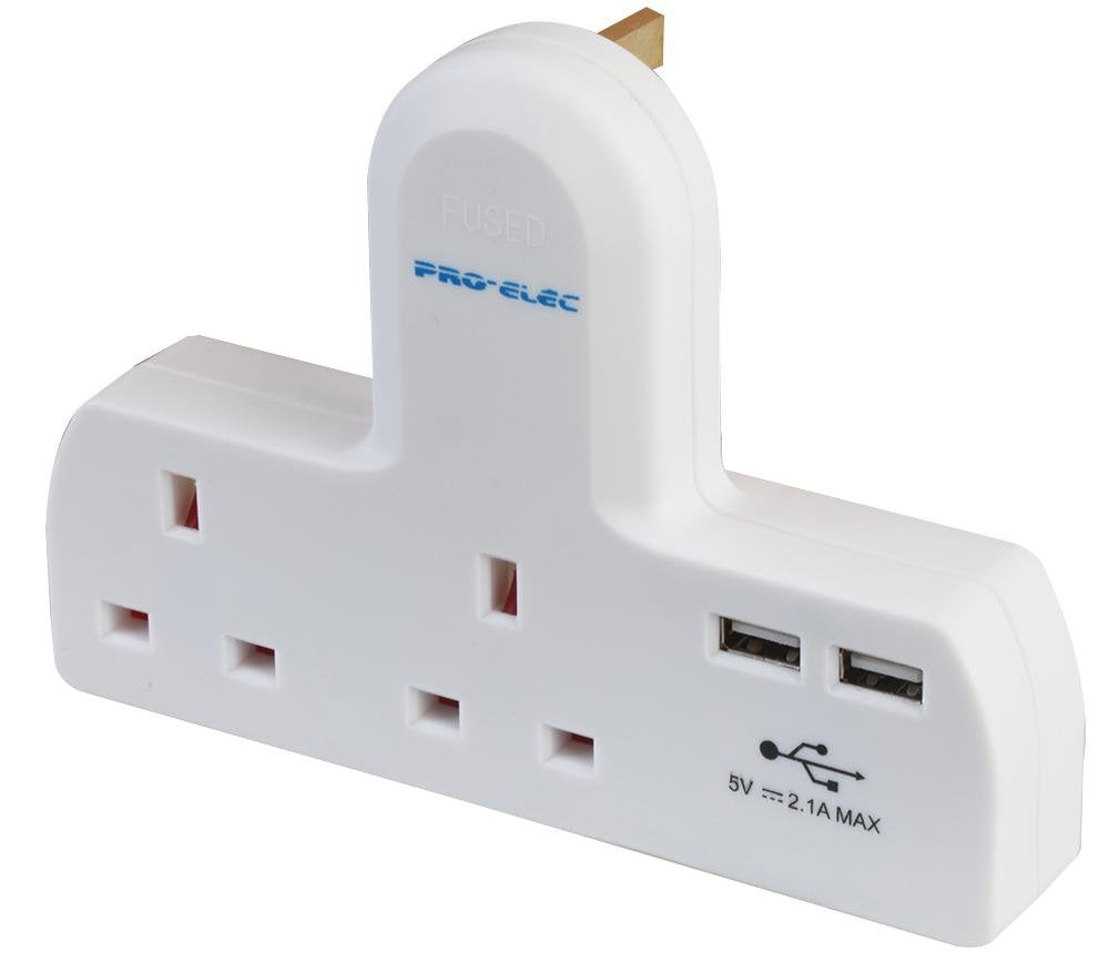 ProElec 15130PL 2 Way Multi-Plug Adaptor with Dual USB Ports White