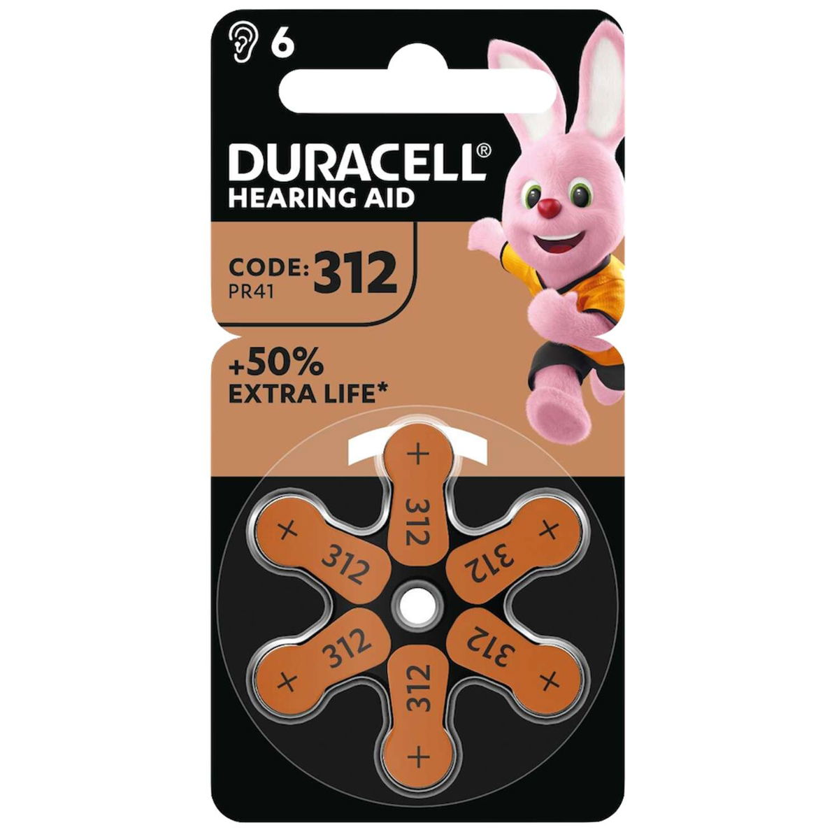 Duracell PR41 Type 312 Hearing Aid Batteries 6 Pack