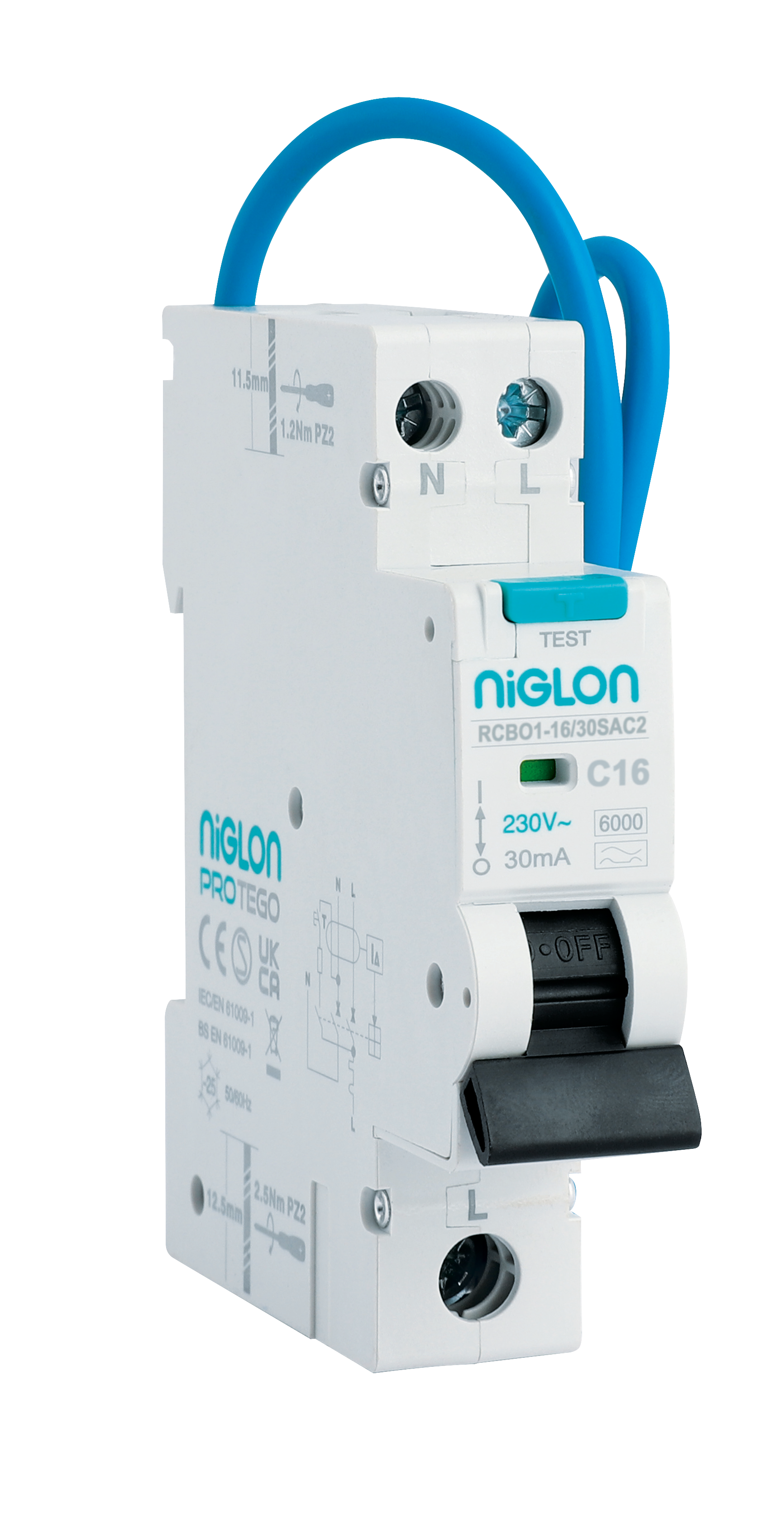 Niglon RCBO1-16/30SAC2 16A SP Type C Bi-Directional SL+N A Type RCBO (6KA)