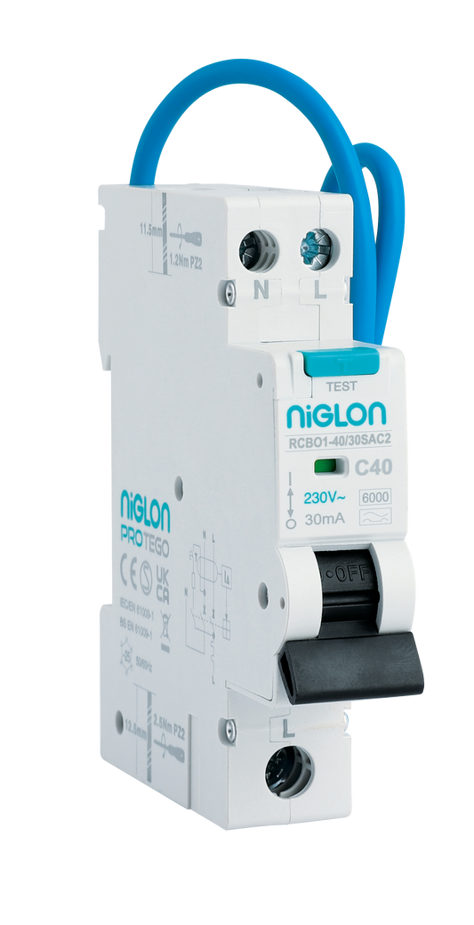 Niglon RCBO1-40/30SAC2 40A SP Type B Bi-Directional SL+N A Type RCBO (6KA)