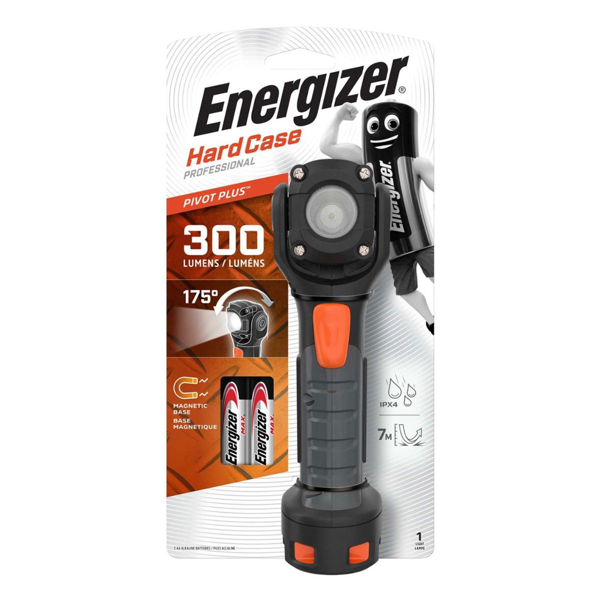 Energizer HC300 300LM Hardcase LED Pivot Plus Torch + 2 x AA Batteries