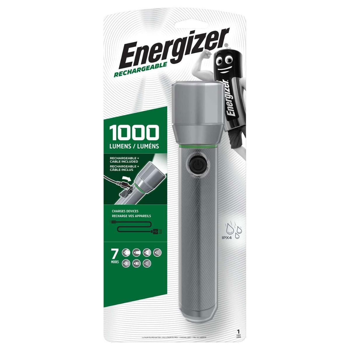 Energizer VISIONHD100 1000LM Vision HD Metal Rechargeable LED Torch + USB Port In / Out
